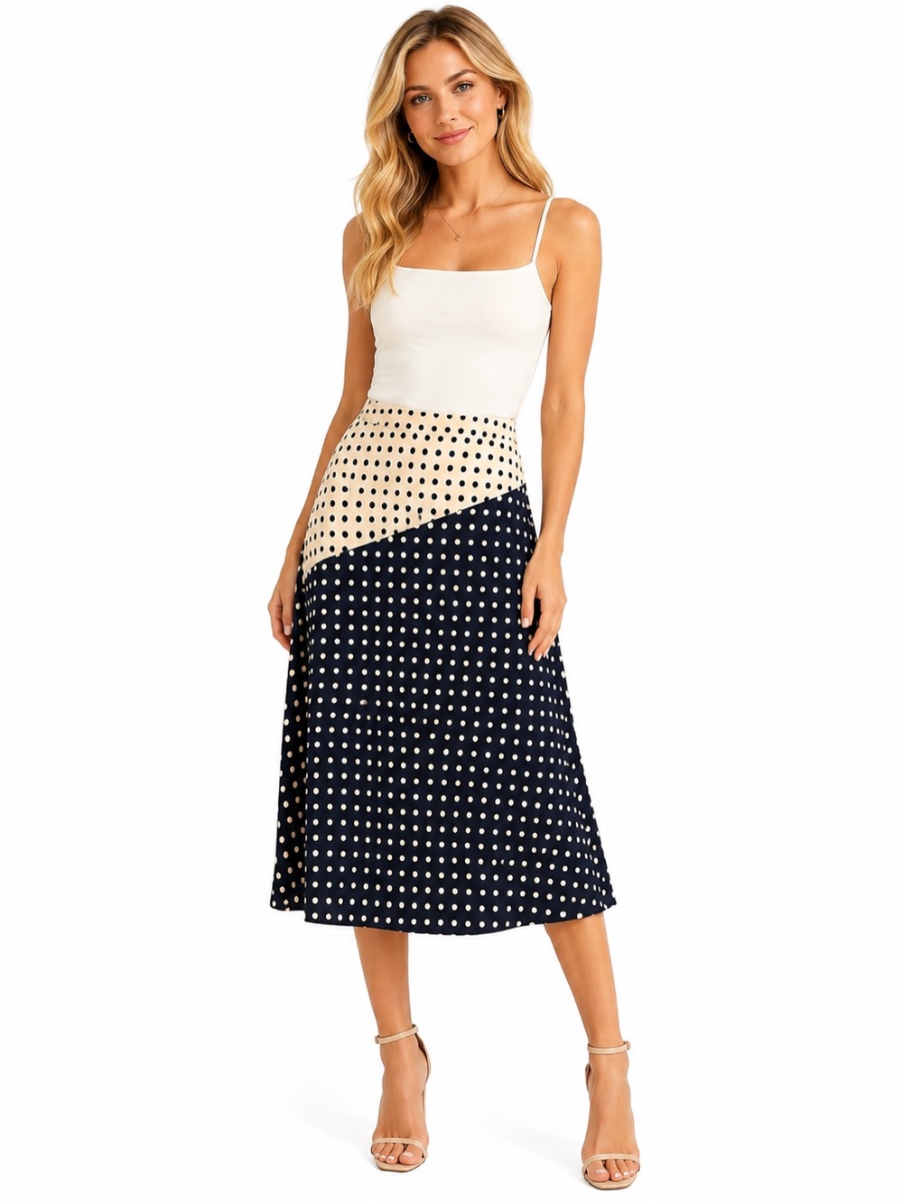 EUC Lauren Conrad LC Navy & Cream Polka Dot Midi Skirt Retro Chic